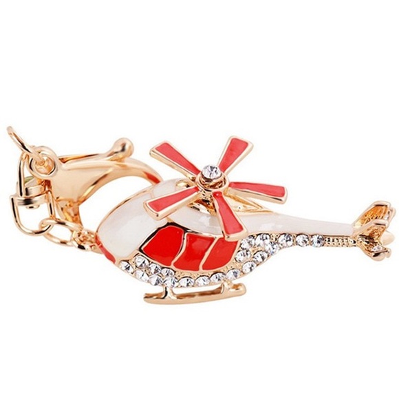 Whimsical Red and White Crystal Helicopter Keychain Charm - Picture 1 of 16